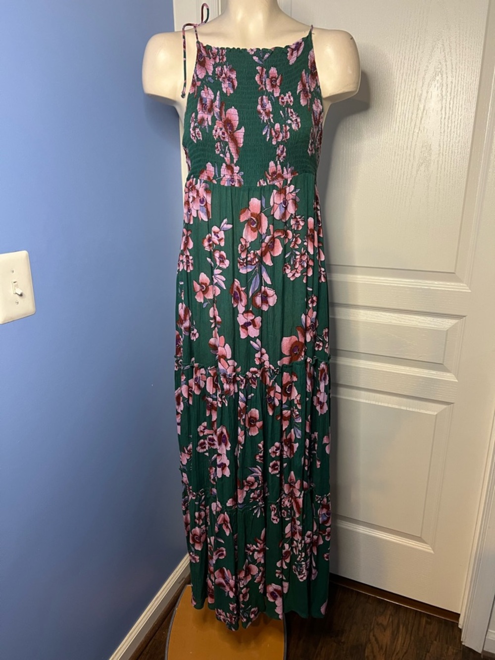 Free People Emerald Green Maxi Dress with Pink Floral Print size S